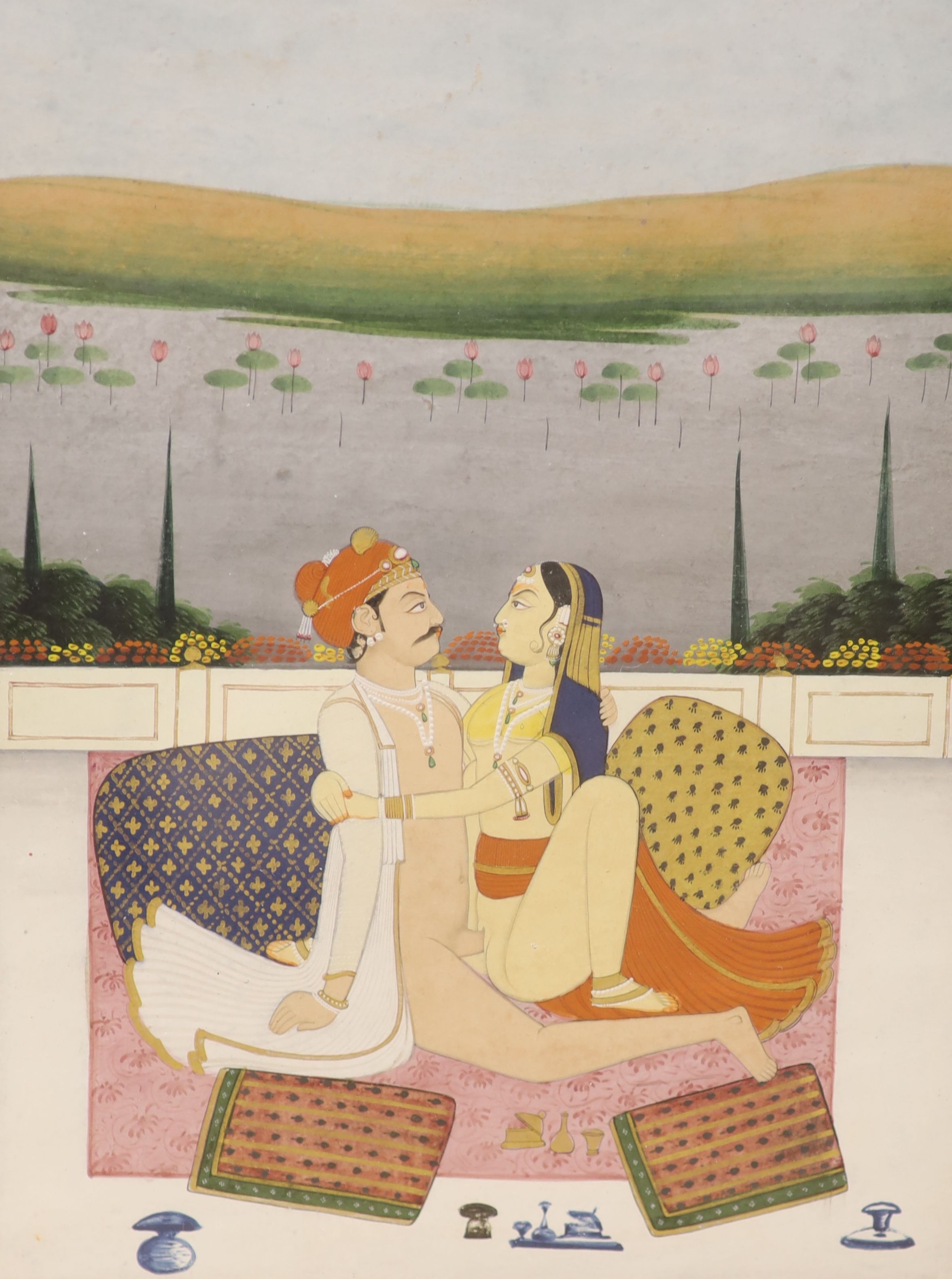 Jaipur School, three gouaches, Erotic subjects, largest 26 x 19cm